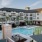 a large building with a pool